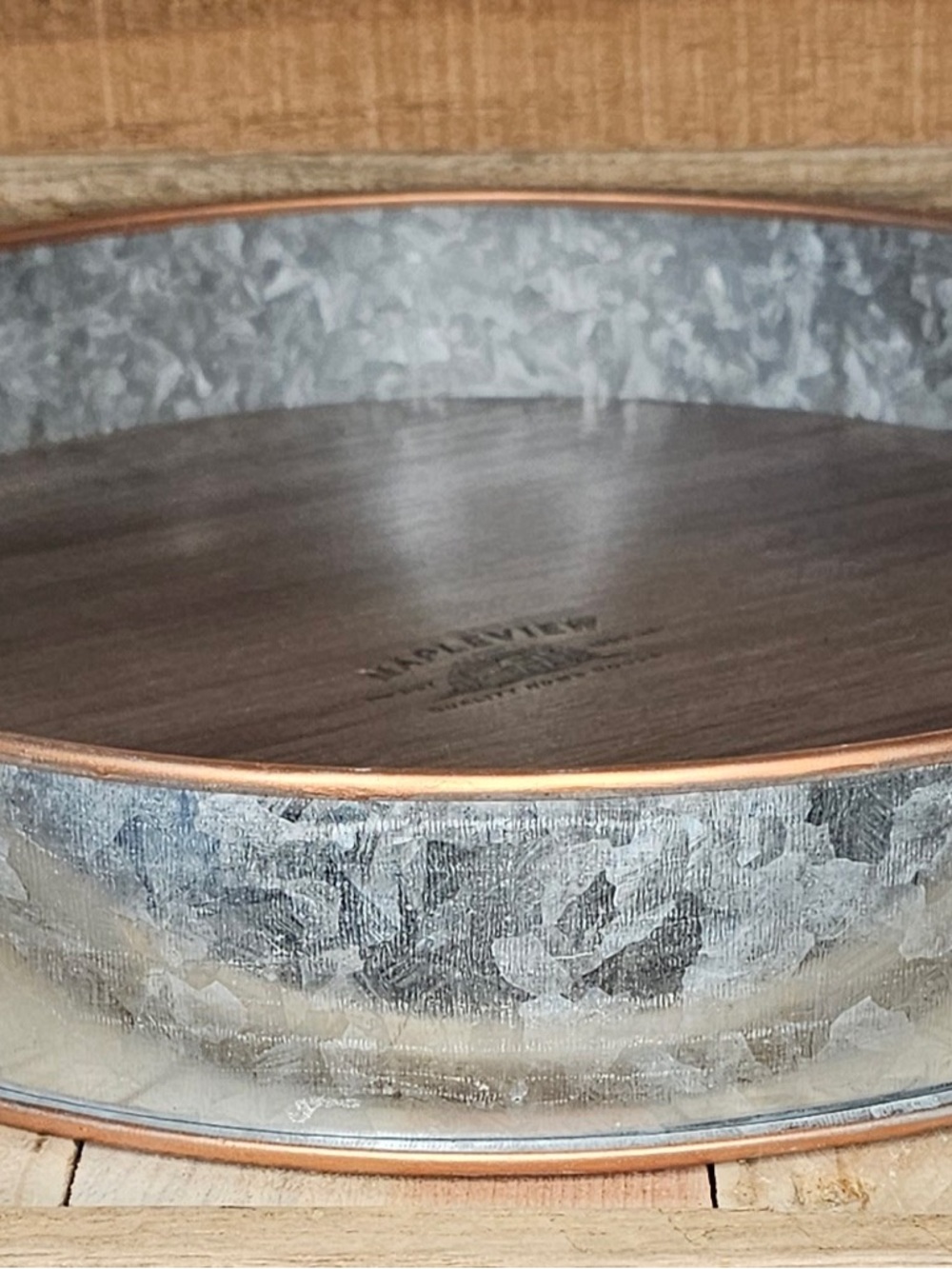 Farmhouse-Style Galvanized Round Tray with Wood Base - Copper Rim
